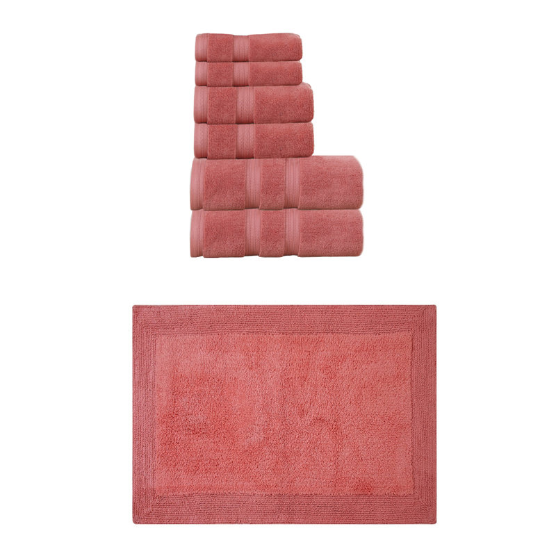 Buariki Collection 100% Soft Cotton Bath Towel Set & 1 Pc Bath Rug, Reversible, Coral
