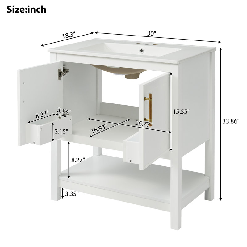 Meuble-lavabo de salle de bain avec lavabo en céramique - Armoire de rangement compacte pour petits espaces, Blanc