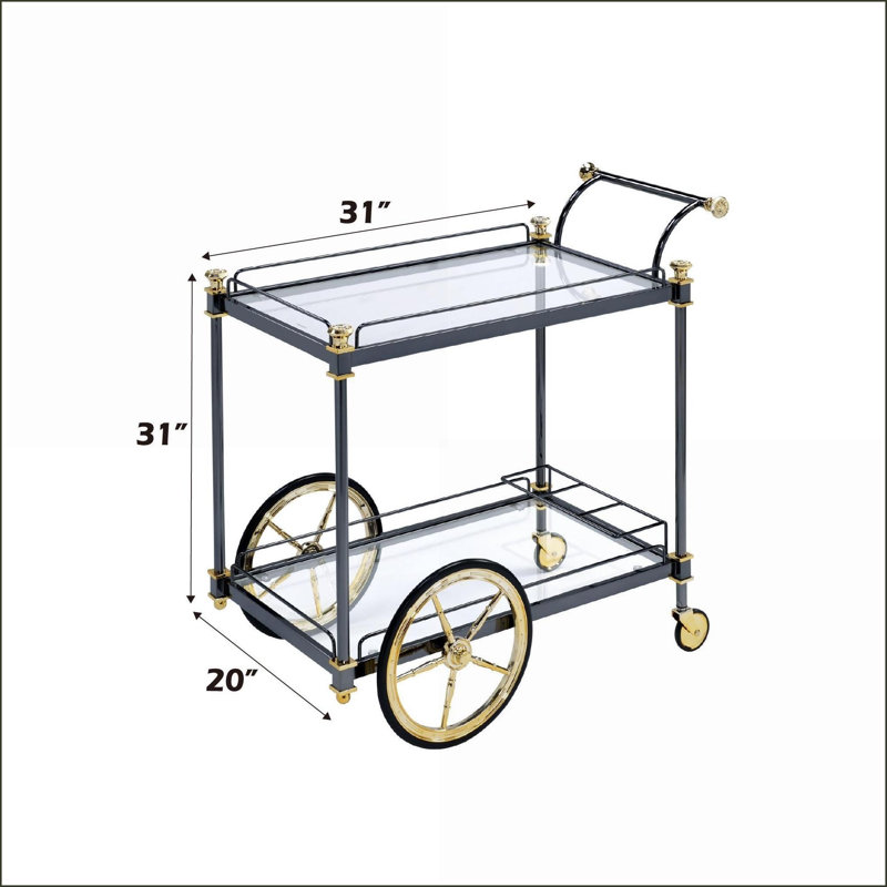 Chariot de service industriel avec support à vin | Verre trempé de 5 mm | Noir / finition dorée | Verre, métal