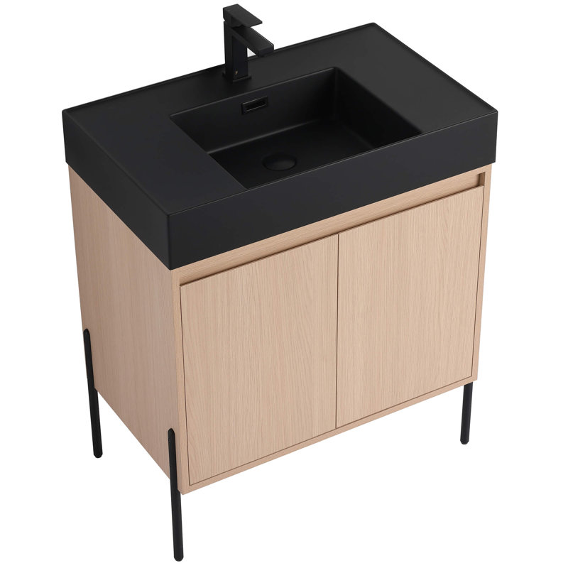 Meuble-lavabo Yordana de 30 po de largeur Ebern Designs, Chêne blanc, Noir, noir, noir, noir