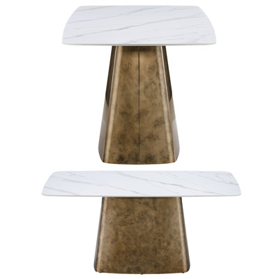 65" Glossy Sintered Stone Dining Table for 4-6, White Marble Look and Antique Brass Steel Pedestal