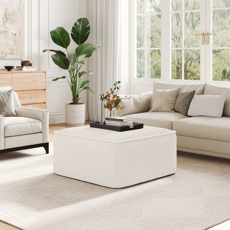Orrey Upholstered Ottoman, Beige Corduroy, 16.25" H x 30.25" W x 30.25" D