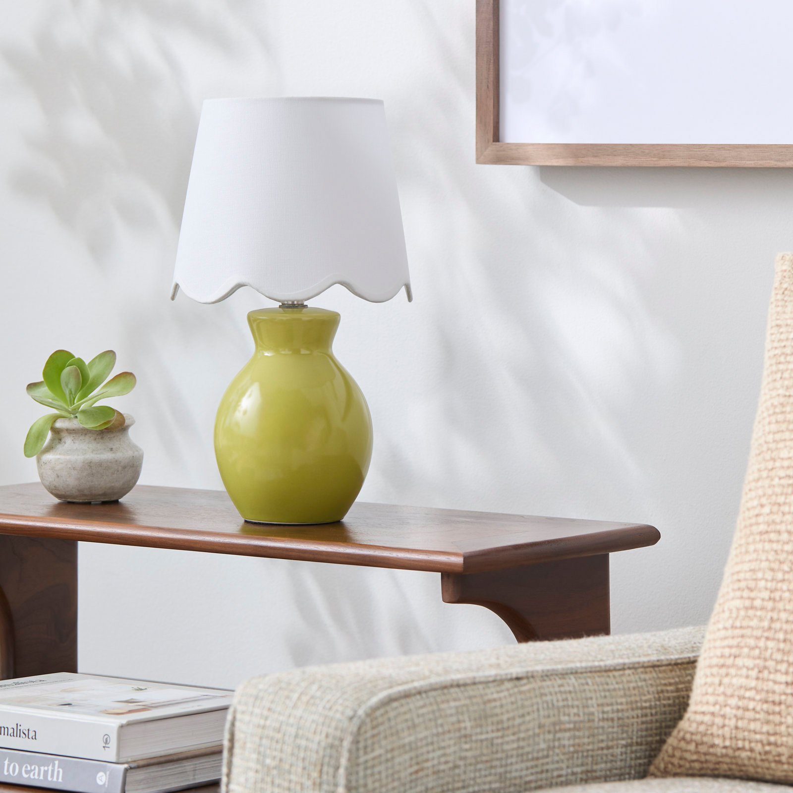 Momsen Ceramic Bedside Lamp, 15" H x 8" W x 8" D, White Twill, Chartreuse