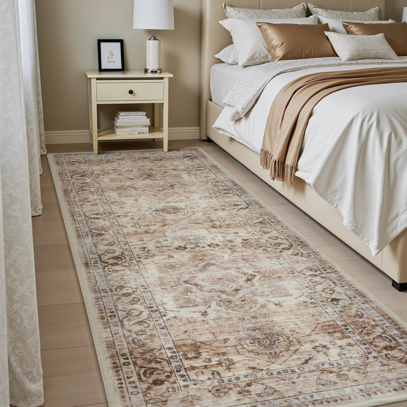 Soft Oriental Vintage Washable Distressed Hallway Runner Rug - Beige, Runner 2' x 6'