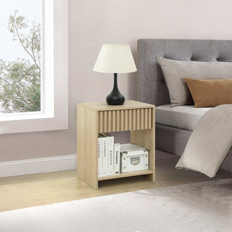 Abdel 17.7" W 1-Drawer Nightstand with Open Cubby, Oak