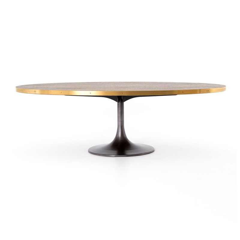 Azahara Oak Round Metal Base Dining Table, Brass