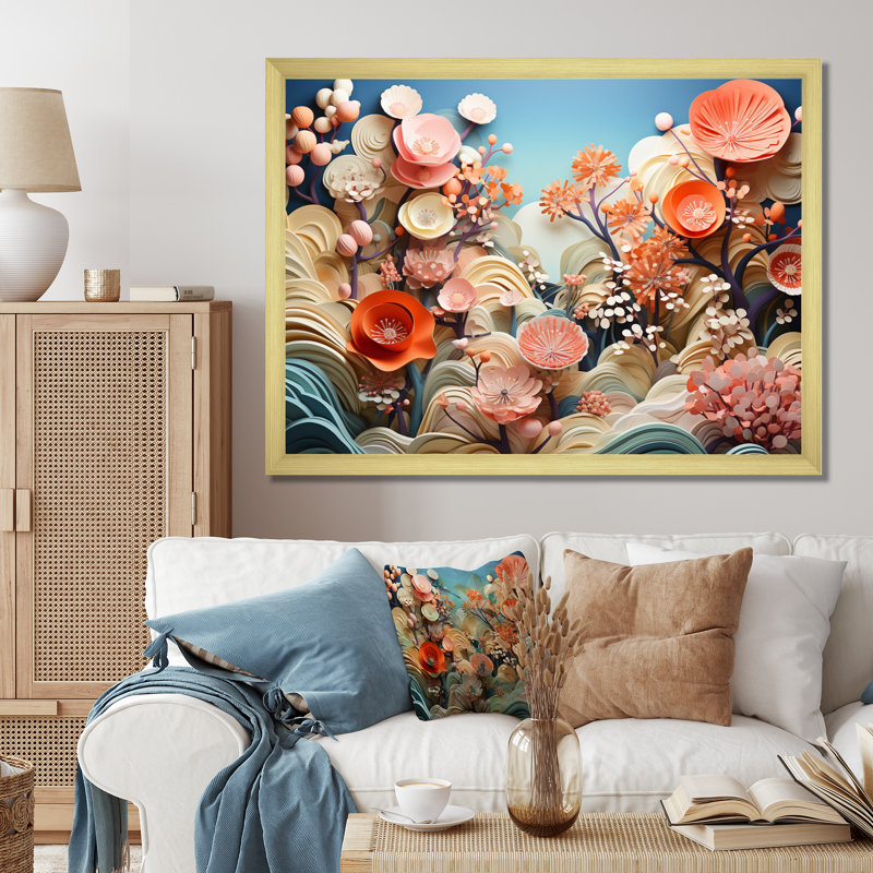 Coral Vibrant Reef Geometric - Coral Canvas Art Print, H 24 po x l 32 po x P 1 po, Encadrement doré