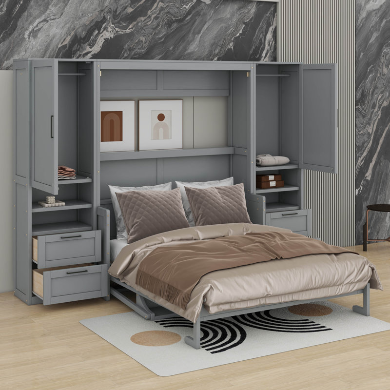 Grand lit escamotable mural avec placard, tiroirs et tablettes, Gris
