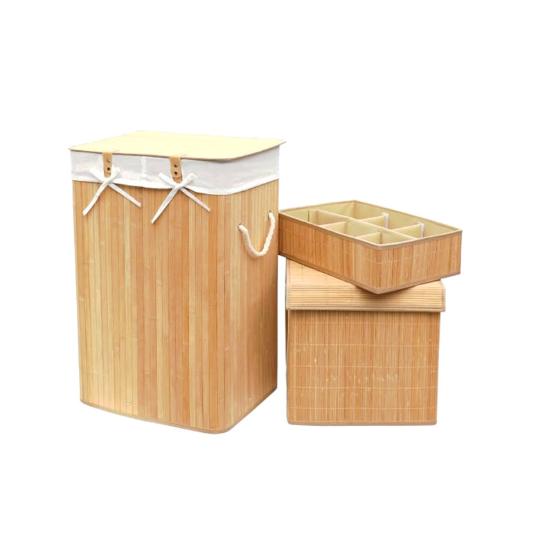 3 Pieces Laundry Hampers Bamboo Square Wicker Clothes Bin Baskets Storage Bin Organizers Folding