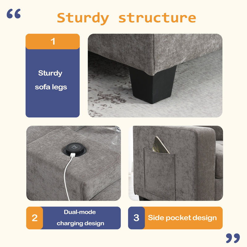 Canapé modulaire de 104 po avec repose-pieds mobile, canapé capitonné en L avec consoles de rangement, chargeur USB, Gris