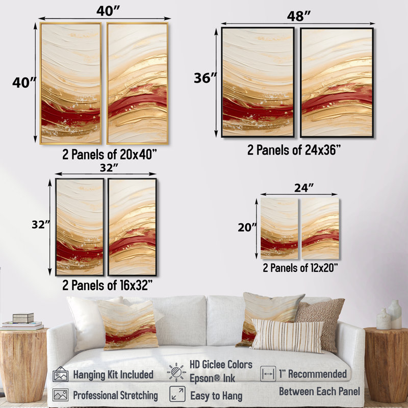 Fusion de vagues douces dorées et rouges - Art mural doré, 20" H x 24" W, Impression encadrée flottante, Gold