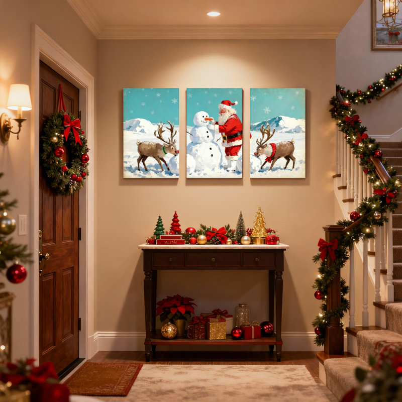 Ensemble de 3 impressions sur toile de Noël, père Noël et bonhomme de neige avec renne, H 18 po x l 36 po