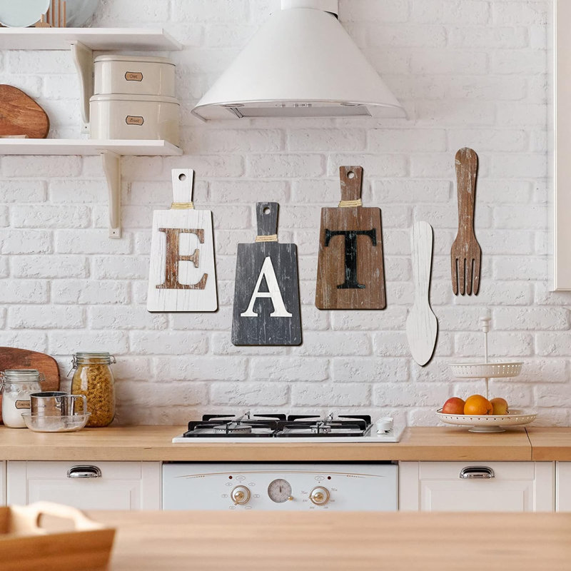 Planche à découper, ensemble de panneaux «Eat», art de cuisine suspendu, fourchette et cuillère, décoration murale rustique de style campagnard rustique, décor pour la cuisine et la maison (gris, blanc, brun)