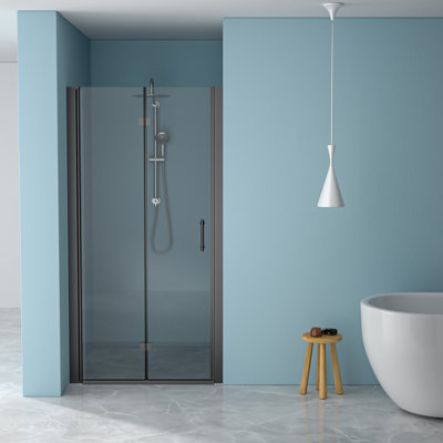 Porte de douche pliante de 36 pouces de large en noir mat, 72 pouces de hauteur, bi avec verre trempé transparent, eau pour tenir à distance, cadre et composants en acier inoxydable, pivotant réversible gauche / droite, angle de rotation de 180,