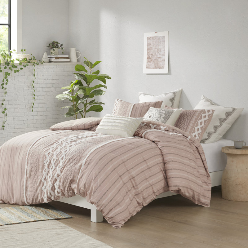 Blush Cotton Geometric Full/Queen Duvet Cover Set with Shams