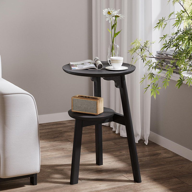 Table de bout ronde pour petits espaces, table d'appoint étroite, table de chevet d'appoint avec tablette à 2 niveaux pour la chambre à coucher et le salon, noir