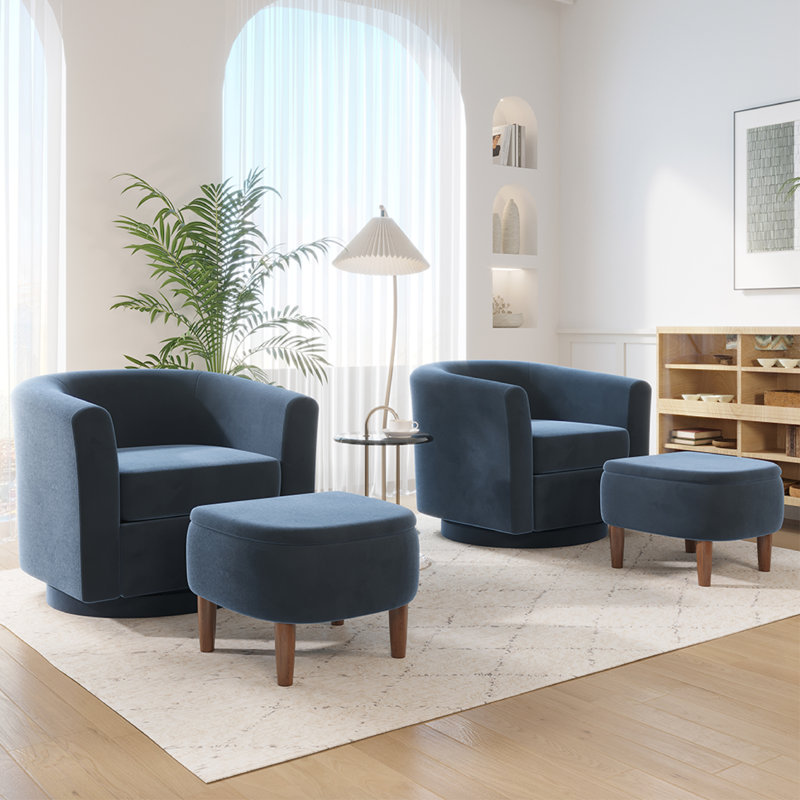 Swivel Barrel Chair With Storage Ottoman - Upholstered Accent Armchair For Living Room, Bedroom, Reading Nook & Rv(Set Of 2)