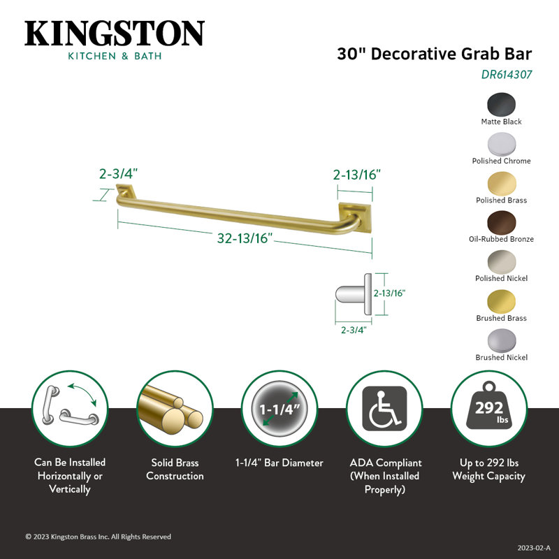 Kingston Brass Claremont 1-1/4 Inch O.D Grab Bar, 30" W, Satin Brass