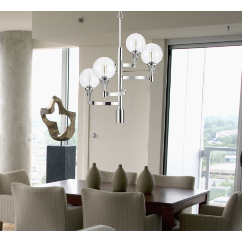 Lustre en métal chromé 4 lumières avec abat-jour en verre transparent et abat-jour DEL Milbank