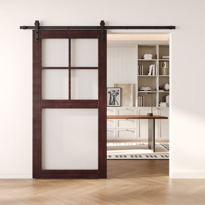 36x80 Red Mahogany Color 5-Lite Frosted Glass Design Finished Unassembled Solid Wood Sliding Barn Door Only