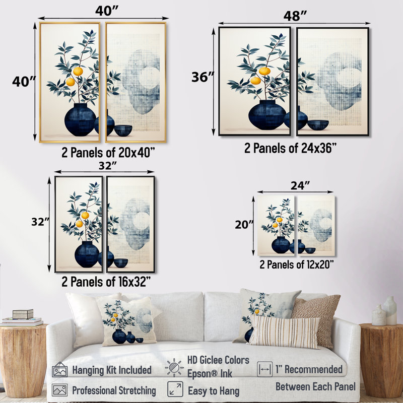 Art mural bleu et jaune Mid Century Minimalist, Noir, H 36 po x l 48 po, Impression encadrée flottante