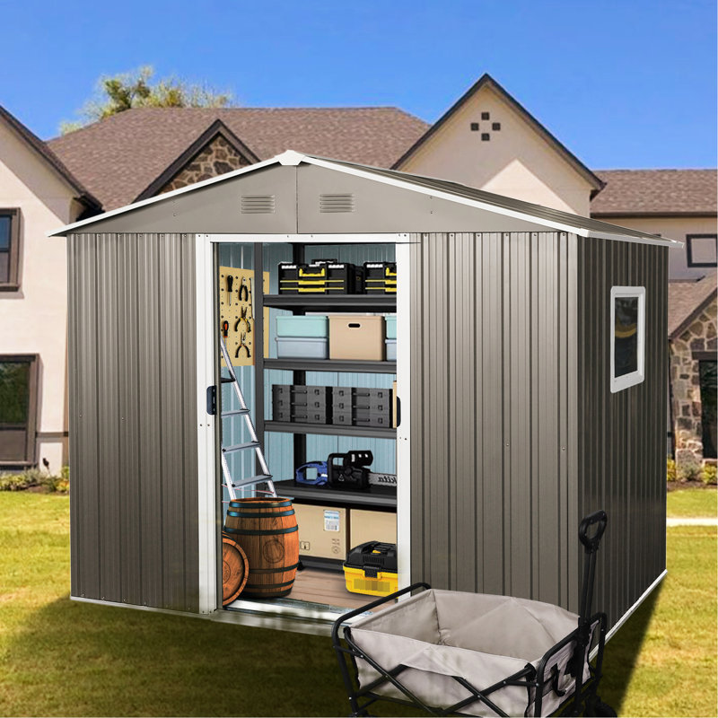 8Ft X 6Ft Outdoor Metal Shed In Grey - Robust Galvanized Steel Panels, Four Punched Vents, Sliding Door With Lock, Easy To Assemble For Backyard Tools Storage Finish Construction, Integrated Build