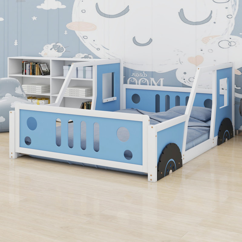 Lit plateforme classique avec roulettes en forme de voiture, Bleu / blanc