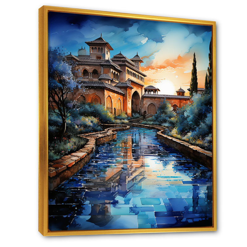 Rêves de l'Islam Alhambra - reproduction d'art sur toile, Cadre flottant doré, H 32 po x l 24 po x P 1 po