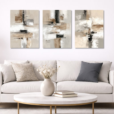 «Brown and Black Brushstroke», peinture abstraite I - cubisme abstrait, ensemble de 3 reproductions d'art sur toile