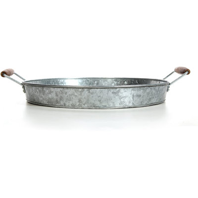 Hosley 16 Inch Diameter (Handle to Handle 19.69 Inch) Galvanized Tray with Wooden Handles. Ideal Gift for Wedding Party Serving Ware House Warming Home Office Spa Aromatherapy