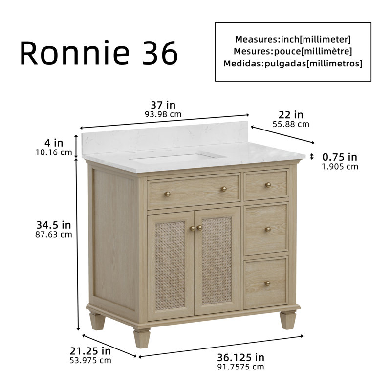 Ronnie 36" Single Vanity With White Carrara Quartz Top, Pre Assembled