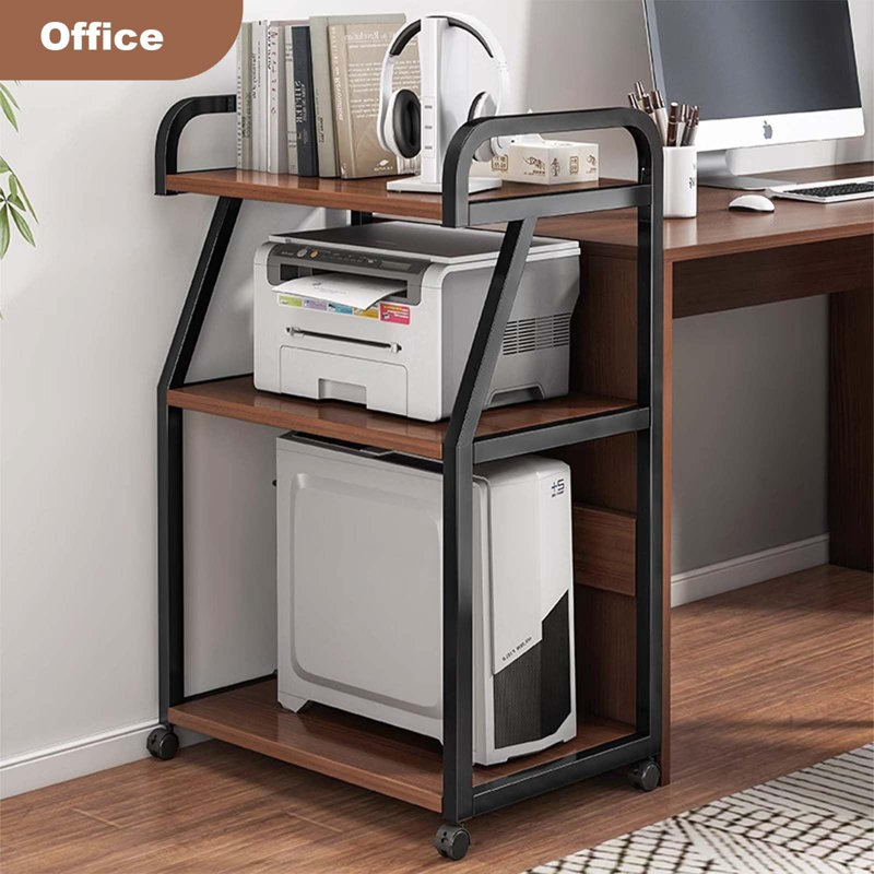 Rangement et organisation polyvalents | Support d'imprimante mobile à 3 niveaux - Chariot roulant avec tablette - Solution sous le bureau - Idéal pour la maison et le bureau - Noyer arc foncé à 3 couches + noir