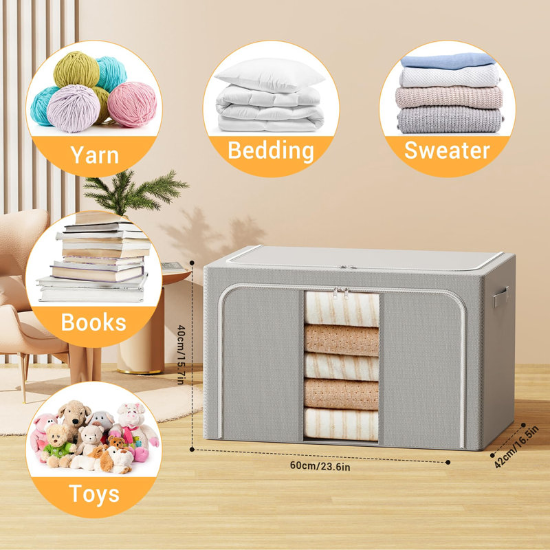 Ensemble de 3 boîtes de rangement pliables de 100 L avec cadre en métal pour draps, couvertures, oreillers, serviettes