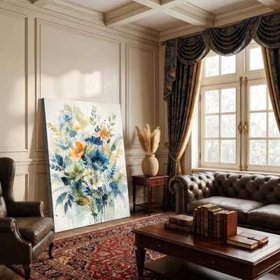 «Watercolor Blue Orange Green Floral», reproduction d'impression sur toile tendue