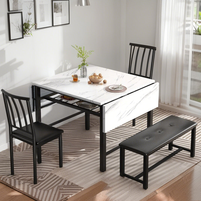 Ensemble de table de salle à manger extensible 4 pièces pour 4 à 6 personnes, ensemble de table de salle à manger de style Mid-Century de 63 po avec table en faux marbre, 1 banc et 2 chaises à dossier, ensemble de table de salle à manger avec abatta