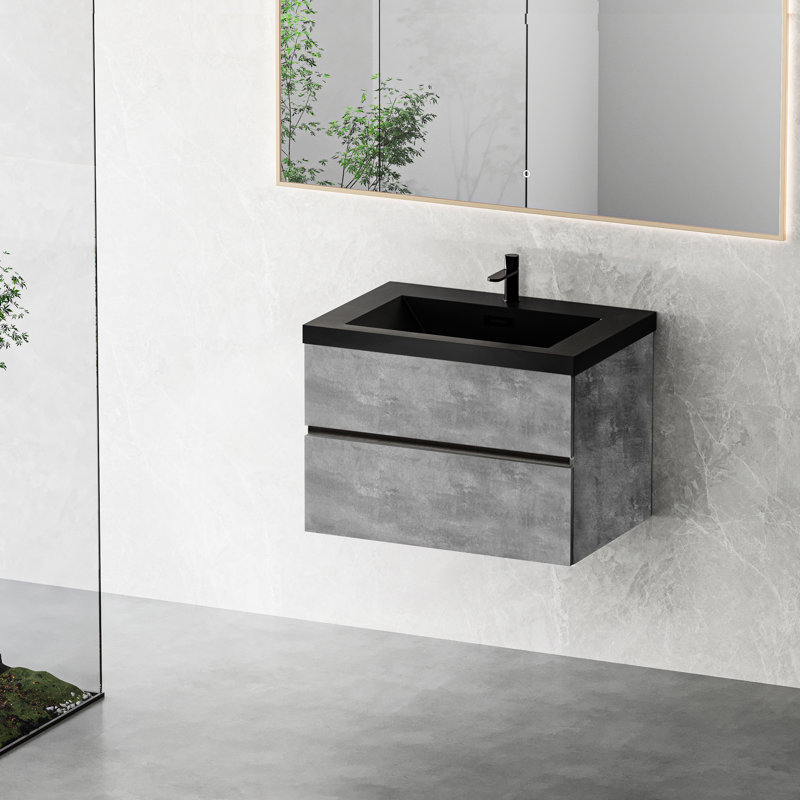 Meuble-lavabo mural flottant gris ciment 30 po, lavabo à sable en quartz noir, tiroirs à fermeture en douceur, peu encombrant, construction avec évier, sable, armoire, lavabo facile à nettoyer