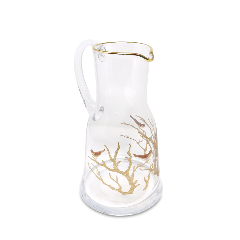 Elegant Clear Glass Pitcher with Gold Bird Design, 51 oz