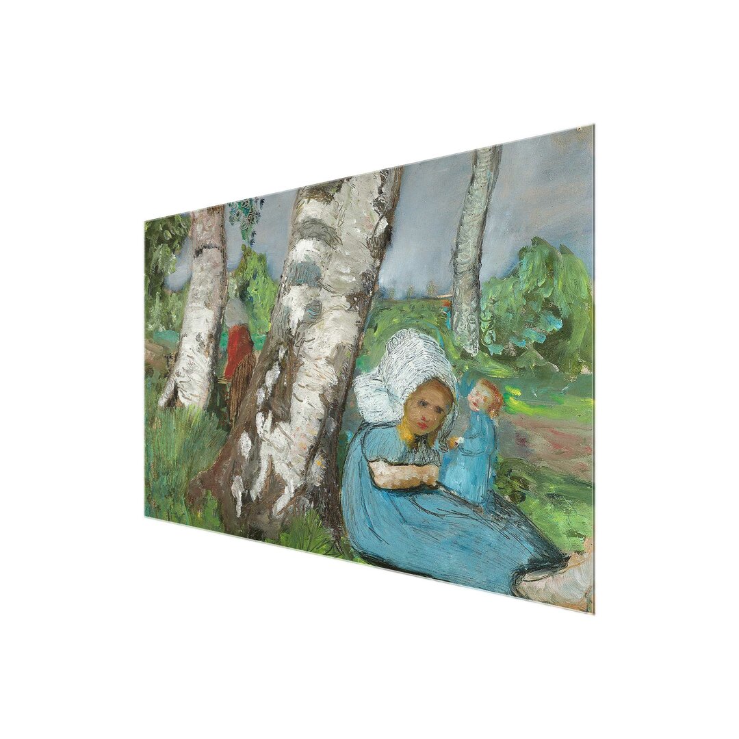 Glasbild Child with Doll Sitting on a Birch Trunk von Paula Modersohn-Becker