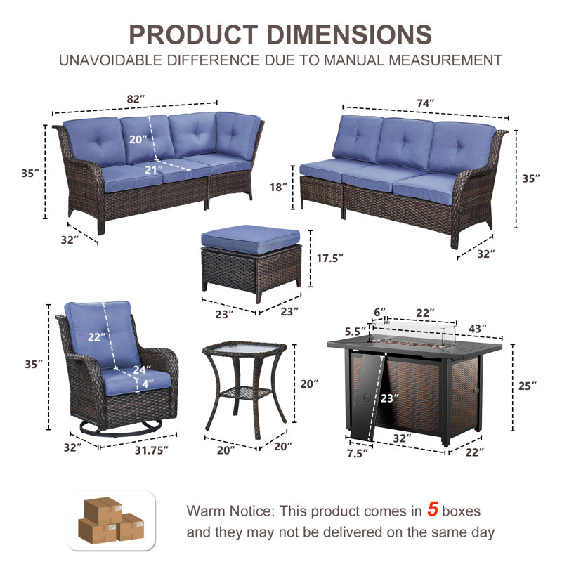 Ensemble de mobilier de jardin en résine tressée de 7 pièces avec table de foyer, idéal pour les réunions de famille., Bleu