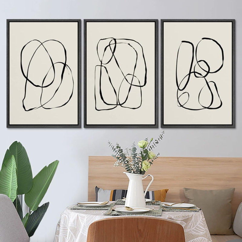 Modern Black Framed Geometric Abstract Canvas Art Set