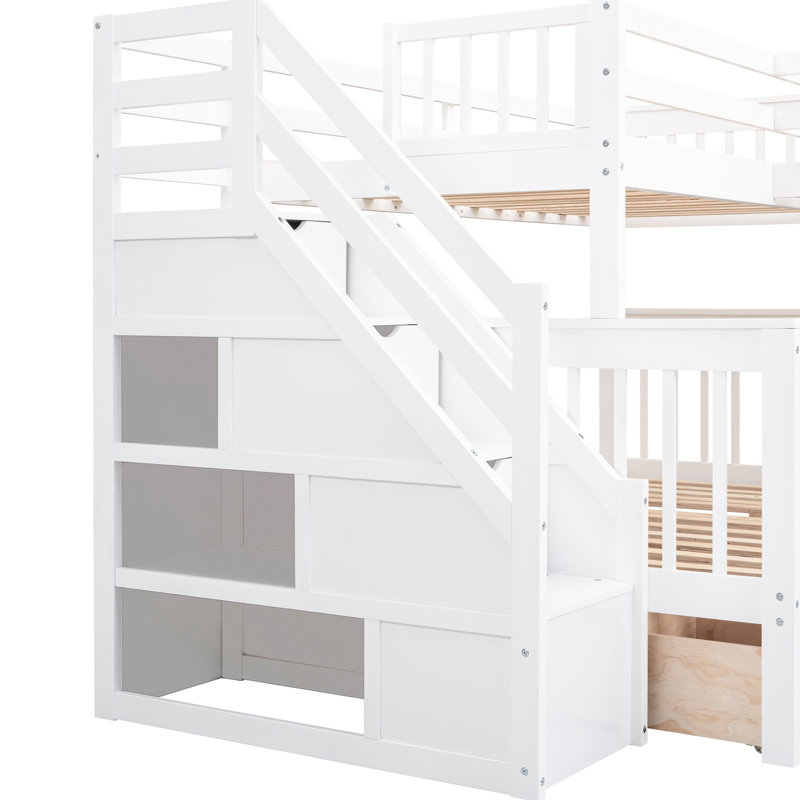 White Over Full Bunk Bed With 3 Drawers, Desk And Wardrobe - Space For Sleepovers, Shelves In Staircase, Pole Wardrobe, Wood Construction L-Shaped Bed, Storage Portable Desk, Guardrail , Solid Pine