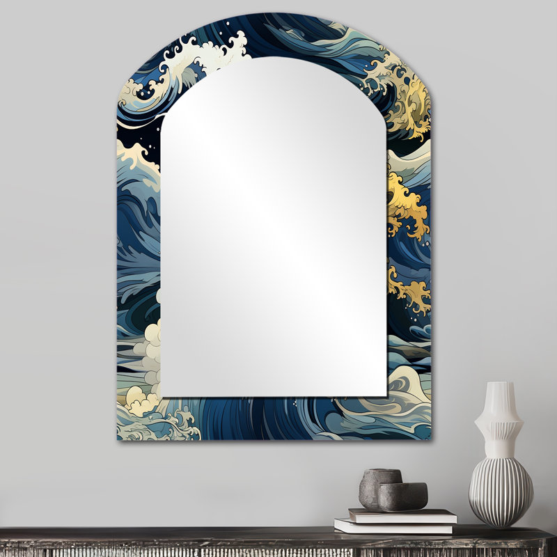Motif de vagues japonaises Hokusai - miroir décoratif côtier asymétrique, miroir mural sarcelle, impression d'art en métal