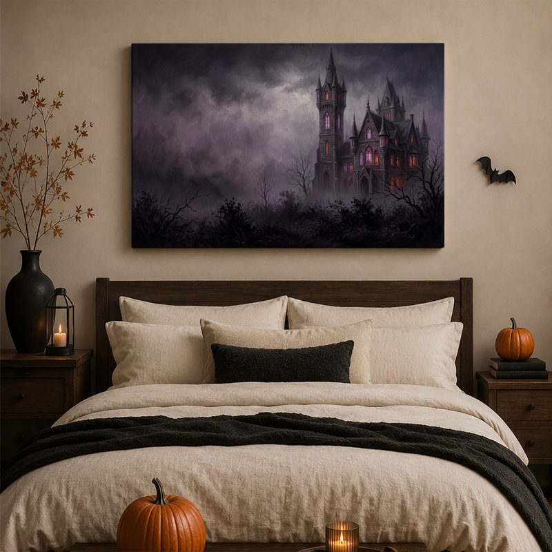 Château gothique aux fenêtres illuminées dans une toile murale d'Halloween sombre et orageuse, H 12 po x l 18 po