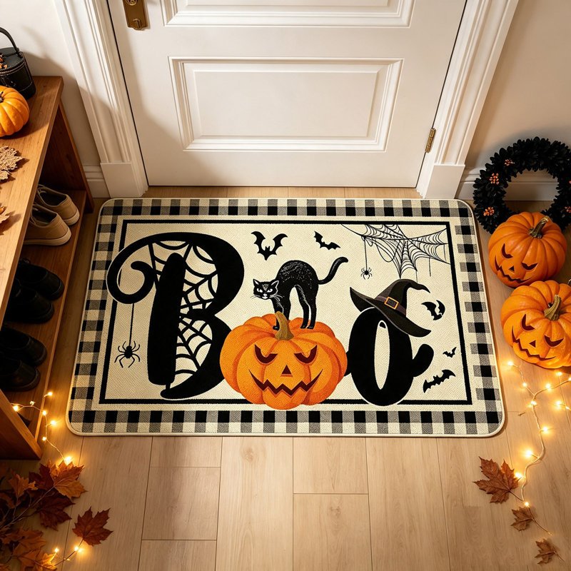 Décoration d'Halloween : Tapis d'entrée citrouille et chapeau de sorcière, paillasson décoratif pour porte d'entrée.