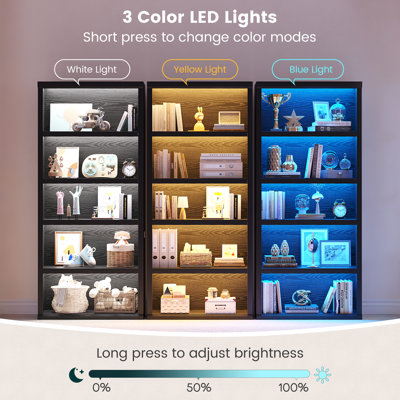 180cm H 5 Tier Freestanding Bookcase with 3-Colour Motion Sensor LED Lights