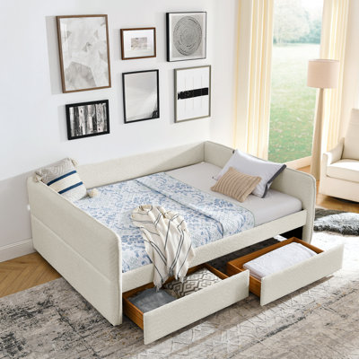Lit de jour avec canapé-lit capitonné capitonné, avec deux tiroirs, grand lit, tissu Boucle, beige (88 po x 65,5 po x 29,5 po)