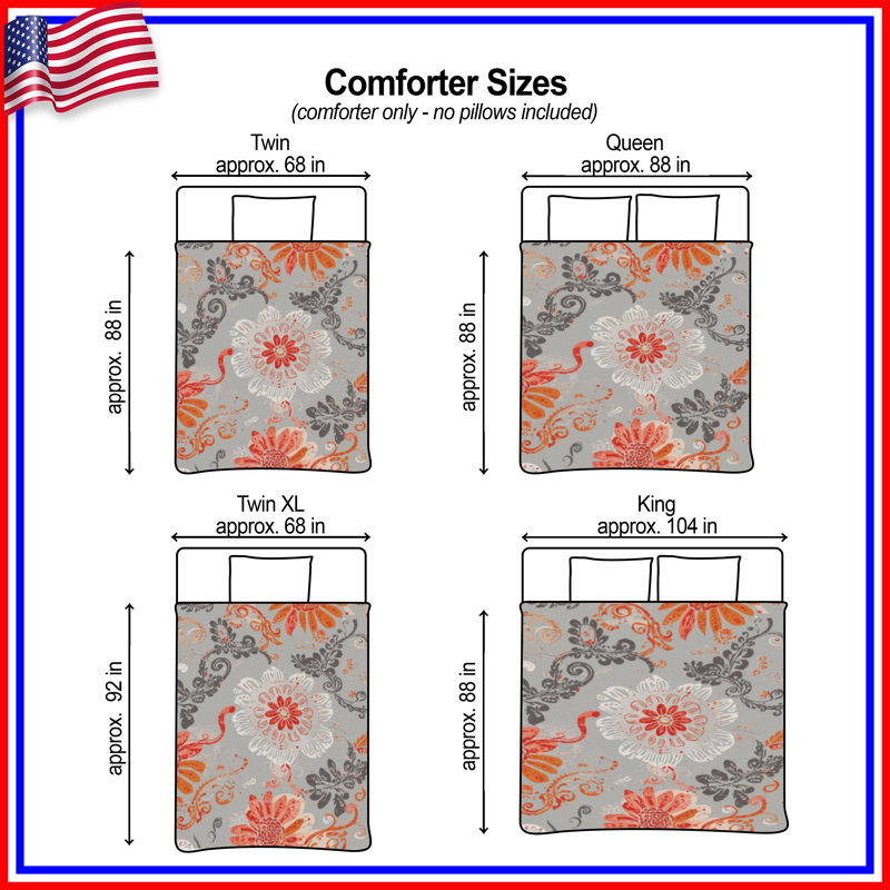 Orange Gray Floral Pattern Comforter, Twin Extra Long