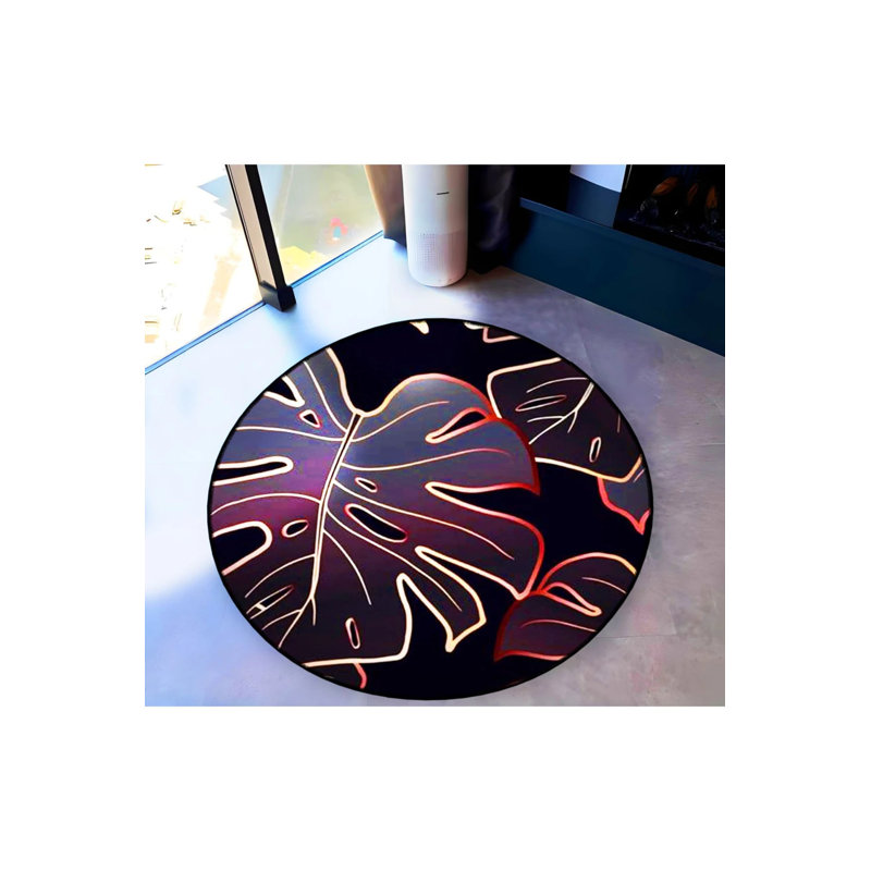 Black Leaf Detailed Woven Base Decorative Carpet, Round 3'4"