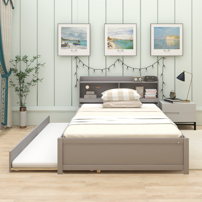 Solid Wood Bookcase Bed, Gray