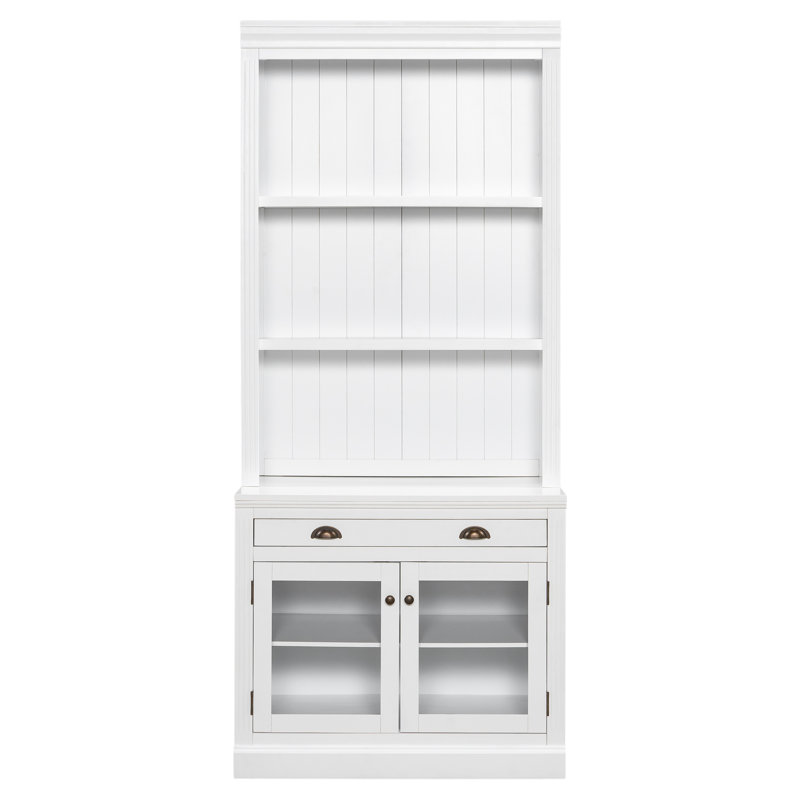 Moderne, blanc, bibliothèque de 83,4 po, éclairage à DEL, portes en verre, tablettes réglables, rangement dans le salon